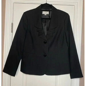 Le Suit Women's Black Scalloped Collar Button Up Blazer Size 12P Pre-Owned